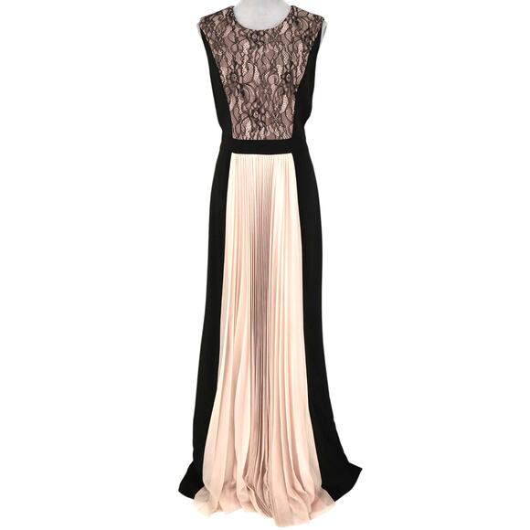JS Collections Gown Dress Womens 16 Black Lace Pink Chiffon Inset Pleated Lined - Picture 1 of 13